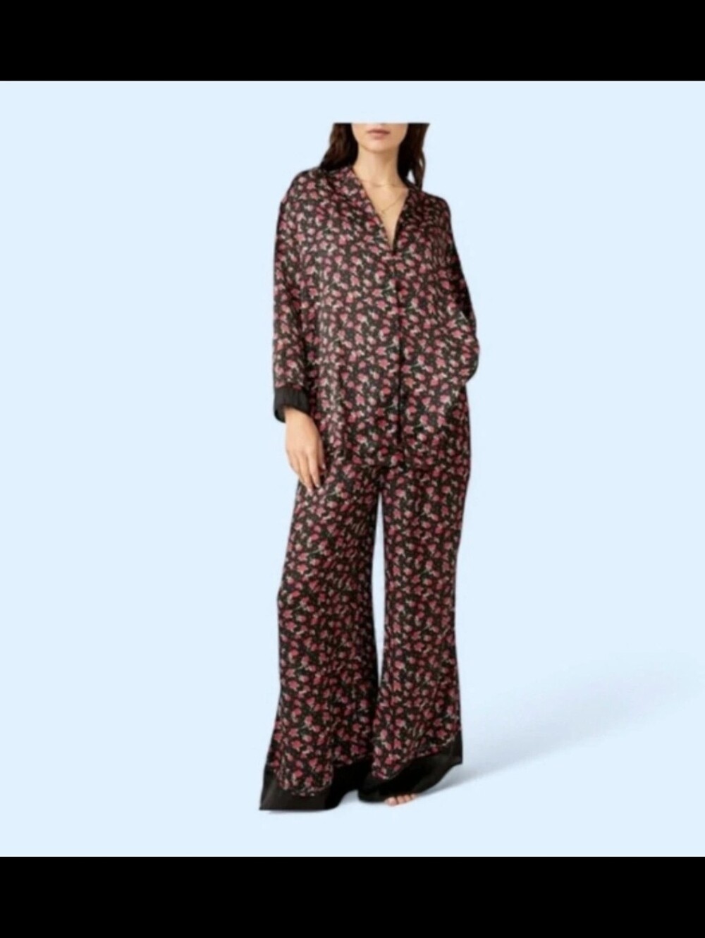 Free People Black Satin Pajama Set with Pink Floral Print